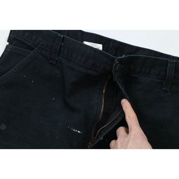 Vintage Carhartt Mens 36x32 Thrashed Wide Leg Dungaree Fit Canvas Pants Black - Picture 7 of 12